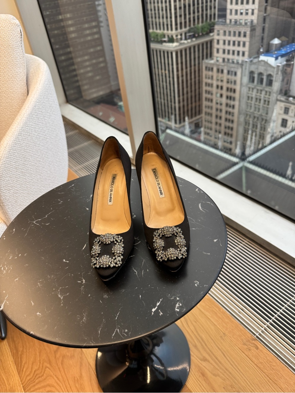 Manolo Blahnik Black Satin Crystal Buckle Pumps - Picture 2 of 7